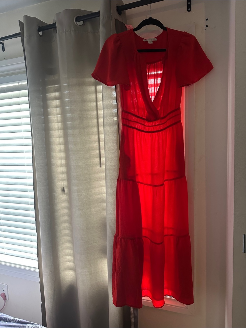 Flutter-Sleeve Red Maxi Dress with V-Neck